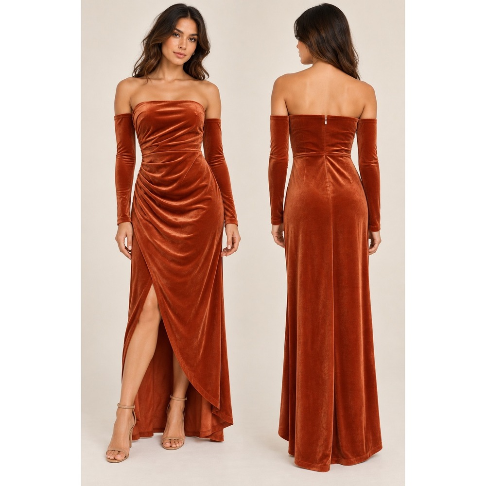 Giffniseti Orange Velvet Off Shoulder Ruched Maxi Dress Evening Gown L